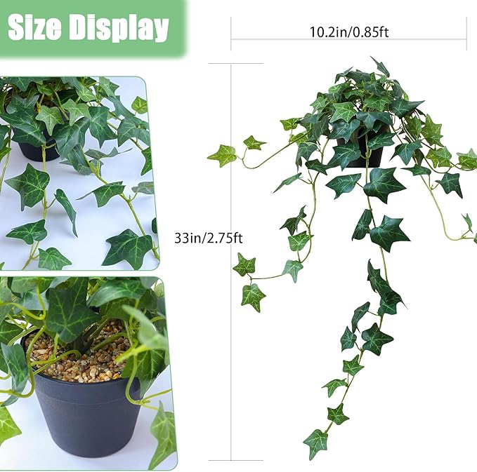 Fake English Ivy Artificial Plants with Pots - Realistic Artificial Silk Ivy Vines, Faux Plants Indoor Home Decor, Low Maintenance Hanging Plant Decoration