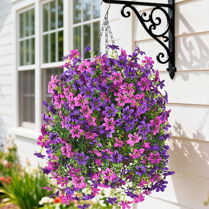 Artificial Hanging Baskets Outdoor, 4 Bundles Artificial Hanging Flowers Outdoors Spring Summer Decoration, No Fade Realistic Fake Hanging Baskets for Porch Patio Balcony Home Yard Decor