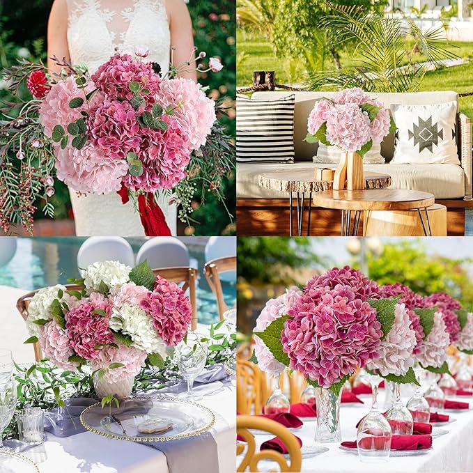 ZYTUYO Pink Hydrangea Artificial Flower 3 PCS 21in Real Touch Large Hand Feel Moisturizing Latex Flower Head with Long Stem for Wedding Decor Home Floral Arrangement Table Centerpieces