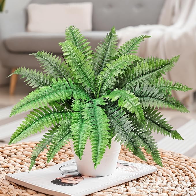 Fake Ferns Potted Plant, Artificial Boston Ferns in Pot, 24 Leaves for Outdoors & Indoor Faux Boston Bush Plant Artificial Greenery Patio Garden Farmhouse Windowsill Porch Home Decor