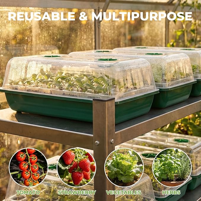HIRALIY Seed Starter Tray Kits, Reusable Plant Germination Trays, Easy Transplanting, with Humidity Domes and Bases (Green, 40-Cells)