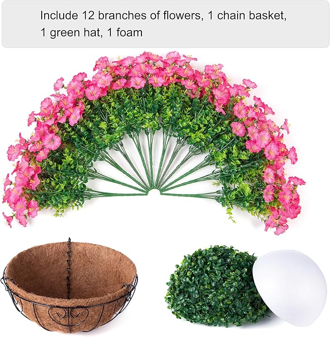 Artificial Faux Hanging Flowers Plants Baskets for Outdoors, Fake Silk Morning Glory Eucalyptus in Planter UV Resistant Realistic Outdoor Flowers for Outside Porch Patio Balcony Garden Yard Home Decor
