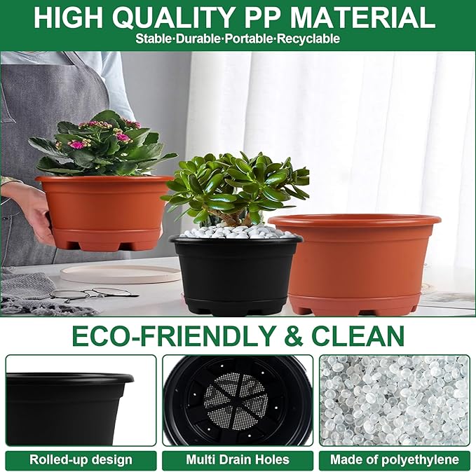 KPUVX 5 Pack 10.5 inch Plant Pots,Planter-Pots-for-Plants-Indoor-Outdoor，Plastic Flower Pot for Indoor Outdoor Plants with Drainage Holes & Trays, Decorative Garden Containers Sets for Houseplants