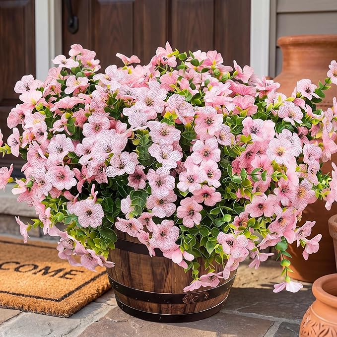 Artificial Flowers for Outdoor Fake Plants for Spring Decoration,Faux Eucalyptus Flowers for Planter UV Resistant Lifelike for Home Porch Garden (White/Pink)