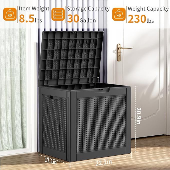 PatioZen 30 Gallon Resin Deck Box, Lockable Patio Outdoor Storage Box for Furniture, Garden Tools and Tools Storage, Waterproof Outside Storage Boxes - Black