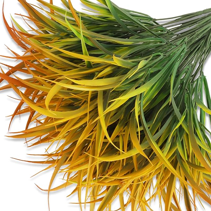 Ouddy Decor 16 Bundles Artificial Plants Outdoor Fake Grass Greenery Stems UV Resistant Faux Plastic Plants Shrubs for Spring Summer Garden Pathway Window Box Farmhouse Front Porch Home Decor, Orange