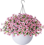 HyeFlora Artificial Fake Hanging Plants Flowers Basket for Outdoor Outside Summer Decor, Faux Silk Pink Daisy Realistic UV Resistant for Porch Patio Balcony Home Yard