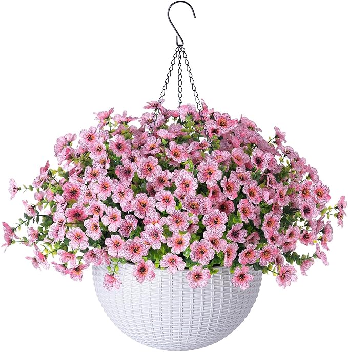 HyeFlora Artificial Fake Hanging Plants Flowers Basket for Outdoor Outside Summer Decor, Faux Silk Pink Daisy Realistic UV Resistant for Porch Patio Balcony Home Yard