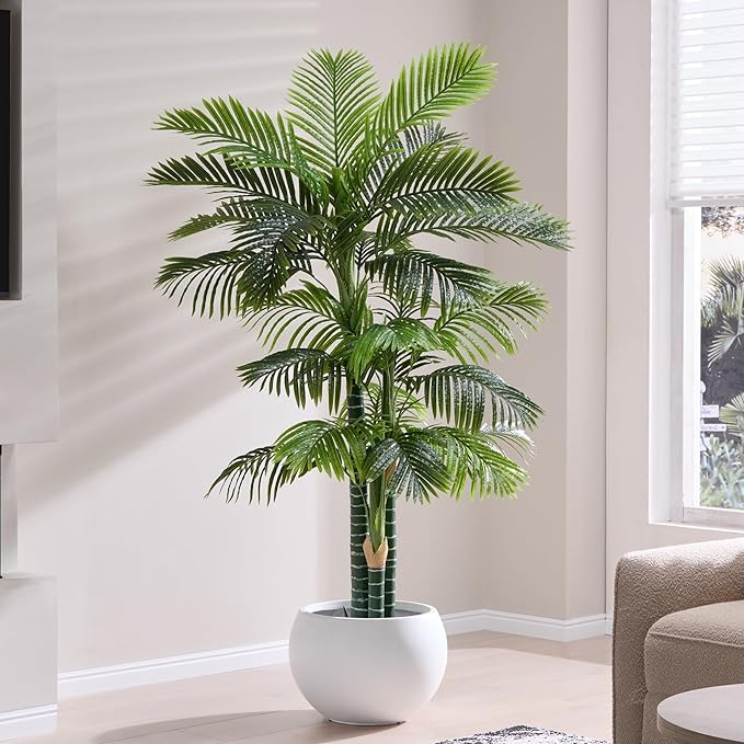 6FT Tall Triple Golden Cane Palm Tree (1 Pack), Large Faux Plants, UV Resistant Indoor/Outdoor Fake Plant in Black Cement Pot - Realistic Tropical Decor for Patio, Living Room, Office