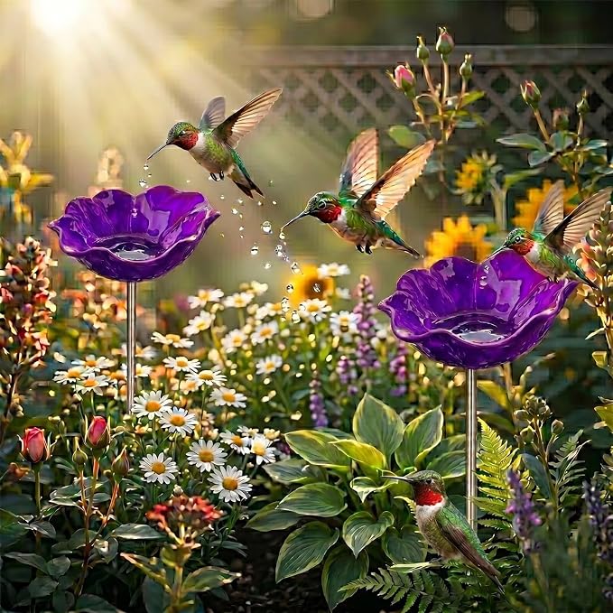 24" Handmade Metal Flower Garden Stake Bird Bath - Detachable Anti-Slip Bee Watering Station & Butterfly Puddler - Rustic Outdoor Art, Garden Gift for Bird Watchers, Mom & Seniors (Purple 2pcs)
