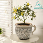 Vintage Flower Pot Rustic Planter Container with Handle Ceramic Ice Crack Plant Pot with Drainge Hole Decorative Planter for Indoor and Outdoor Tuscan Decor Vase Gardening Gift (Grey)