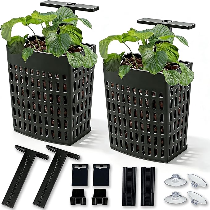 2 Pack Upgraded Adjustable Aquarium Plant Holder, Top Hanging Design Fish Tank Plant Holder, Adjustable Width Height, Fits Tank Edges up to 2.3 in, for Aquaponic Plants and Aquascape Decoration, Black