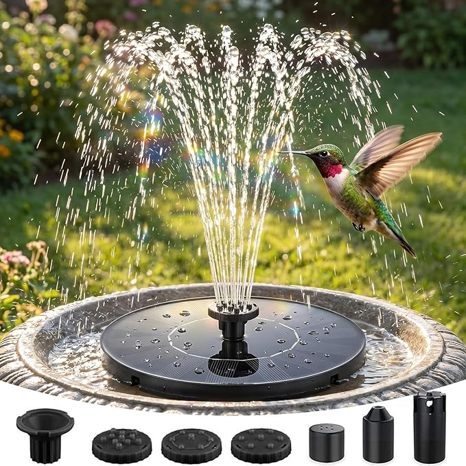 Solar Fountain for Bird Bath, 2026 Upgrade Solar Bird Bath Water Fountain with 7 Nozzle, 4 Fixed Pipe, Outdoor Standing Floating 1.4W Solar Powered Water Fountain for Garden, Pond, Pool, Tank (6.3 in)
