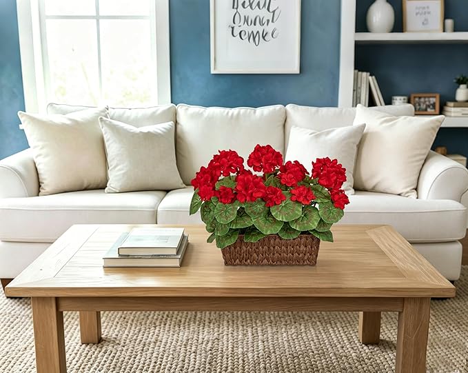 Briful Artificial Geraniums Flowers in Woven Basket Planter, Real Faux Red Silk Geranium Blooms for Outdoor Patio Porch, 13.8" Fake Potted Plant for Home Office Indoor Window Table Centerpiece Décor
