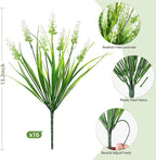 16 Bundles Artificial Plants Outdoor, UV Resistant Fake Lavender & Monkey Grass, Realistic Plastic Faux Plants for Balcony, Patio, Porch Greenery Decor, Planter Filler(White)