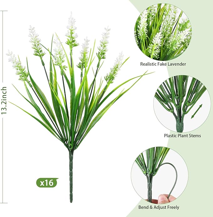 16 Bundles Artificial Plants Outdoor, UV Resistant Fake Lavender & Monkey Grass, Realistic Plastic Faux Plants for Balcony, Patio, Porch Greenery Decor, Planter Filler(White)