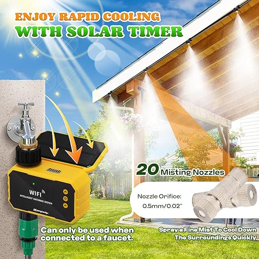 Moongiantgo Outdoor Misting Cooling System with Solar WiFi Water Timer, Misters for Outside Patio with 65.5FT(20M) Water Pipe+20 Misting Nozzles 0.02’’, Mister System for Outside Patio Garden Beaches