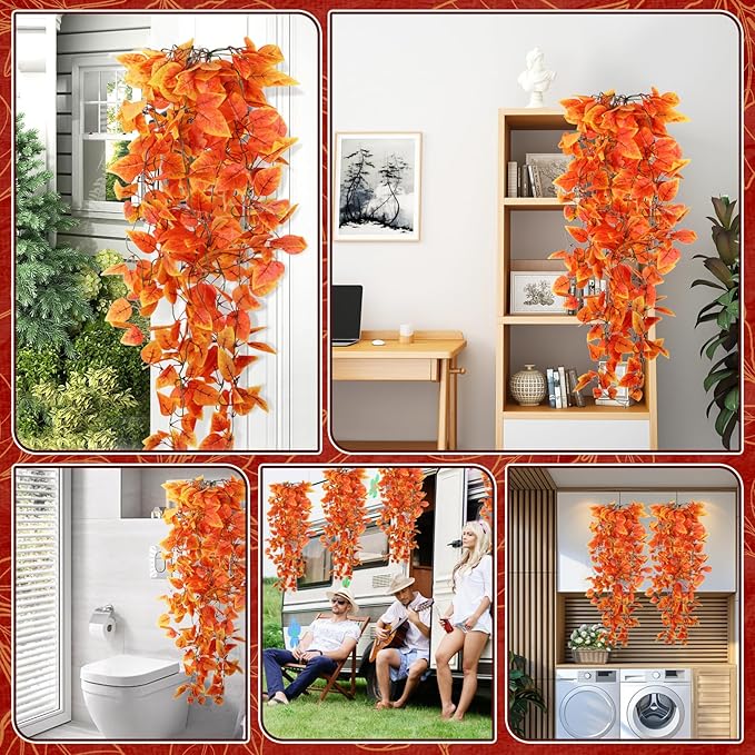 2-Pack Fake Hanging Plants, Faux Hanging Plant Artificial Greenery for Living Room Bedroom Boho Wall Shelf Indoor Outdoor Decor (Orange Pothos Ivy Vines)