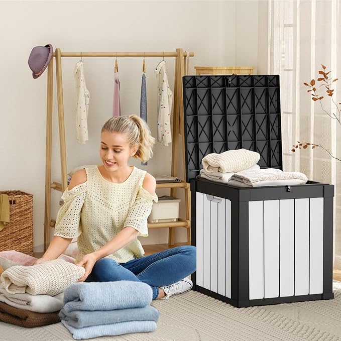 PatioZen 50 Gallon Resin Deck Box, Lockable Patio Outdoor Storage Box for Furniture, Garden Tools and Tools Storage, Waterproof Outside Storage Boxes - Black&White
