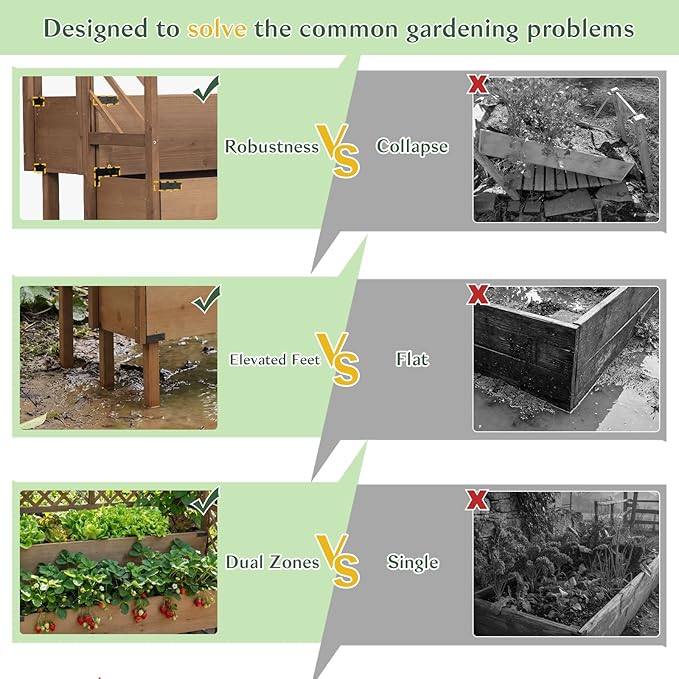Raised Garden Bed with Trellis, 47''H Outdoor Flower Plant Stand with Two Planting Areas, Top Shelf, Liner, Elevated Garden Beds for Climbing Plants, Herb, Gift for Gardening, Brown