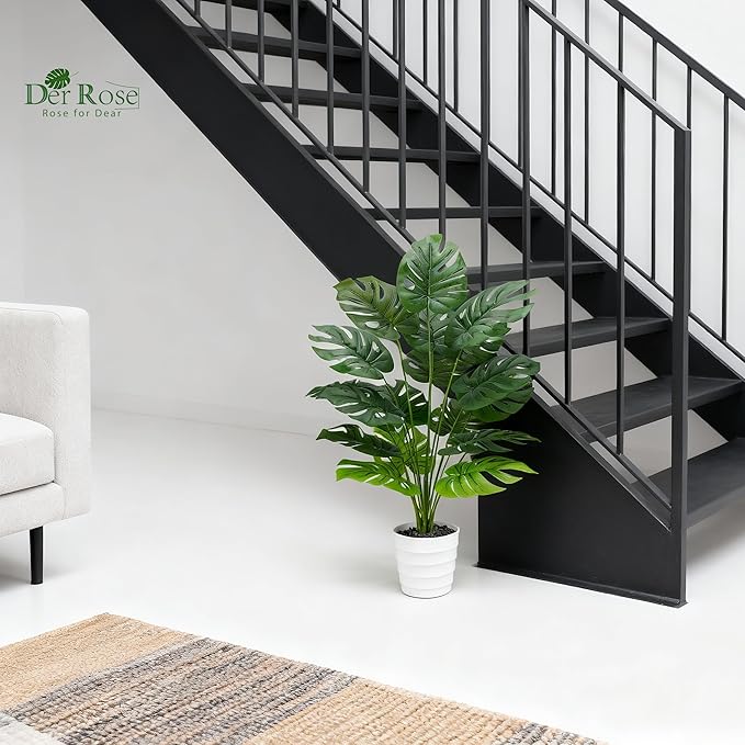 Der Rose 28" Tall Artificial Monstera Plant Faux Plants Indoor in White Pot for Home Office Living Room Floor Porch Balcony Decor