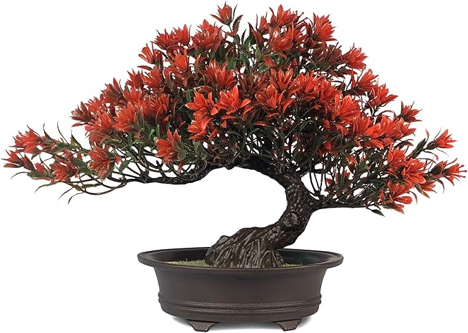 Artificial Bonsai Tree Fake Plants for Home Decor, Living Room Bathroom Bookshelf Entryway Table Wall Shelf Modern Farmhouse Decor, 9.5" Tall, Red