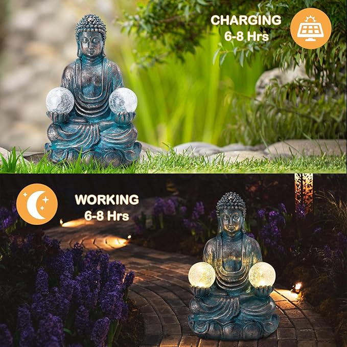 Afirst 10.5'' Meditating Buddha Garden Statues Solar Buddha Sculpture Decor with Glass Balls Zen Meditation for Home Garden Yard Patio Indoor Outdoor Ornaments Gifts for Mom