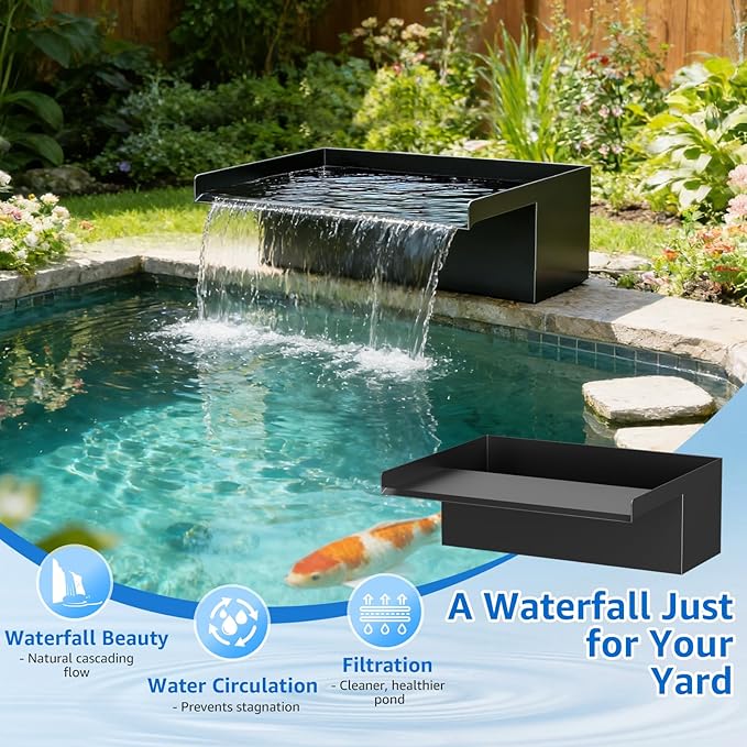 12" Pond Waterfall Kit, 660GPH Ultra Quiet Pump, 304 Stainless Steel Spillway, 9.8FT Freeze-Proof Tubing & 16.4FT Cord - Complete Water Feature Set for Garden, Koi Pond & Backyard Decor