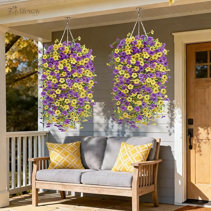 Artificial Hanging Flowers for Outdoors Spring Summer Decoration, 8PCS UV Resistant Silk Fake Hanging Plants for Patio Porch Front Yard Window Garden Indoor Decor(Purple&Yellow,8PCS)