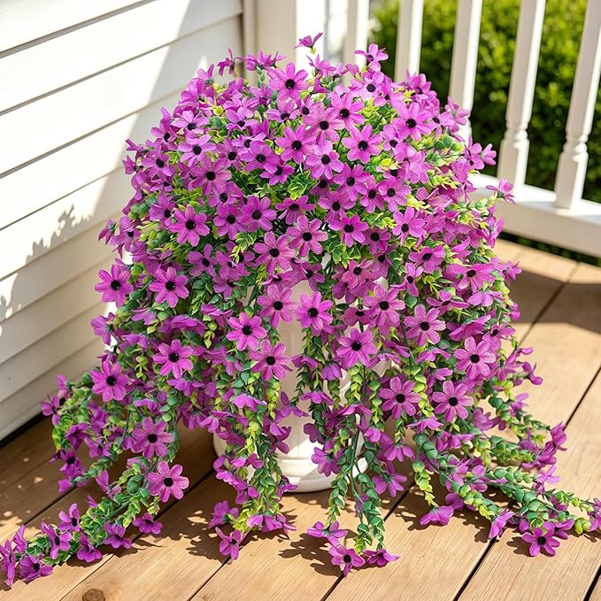 Fake Artificial Hanging Flowers for Outdoors Fake Plants Decoration, 2 Bundles Faux Silk Colorful Daisy Eucalyptus Realistic UV Resistant for Outside Home Planter Porch Patio Yard Decor(Purple)