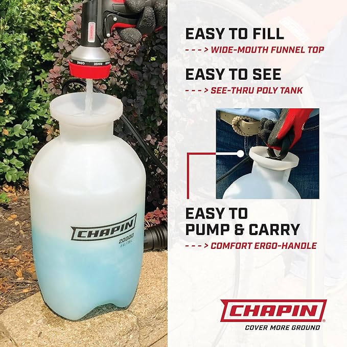 Chapin 20006 Pump Sprayer, 3‑Gallon, Lawn & Garden, Translucent Poly Tank, Funnel‑Top, SureSpray Anti‑Clog Filter, Adjustable Cone Nozzle & 34" Hose for Fertilizer, Weed & Pest Application