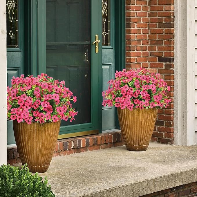 ATTGREAT Artificial Flowers Outdoor Faux Plants UV Resistant Fake Patio Flowers Plastic Greenery Plnats Outside Bulk for Spring Garden Hanging Planter Home Vase Decor, 24 Bundles (Rose Red)