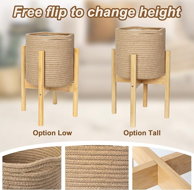 Plant Basket with Stand, Indoor Round Wicker Basket Plant with Bamboo Wood Stand, Decorative Woven Rope Flower Indoor Planter with Legs, Boho Bamboo Wood Planter Holder (Jute)