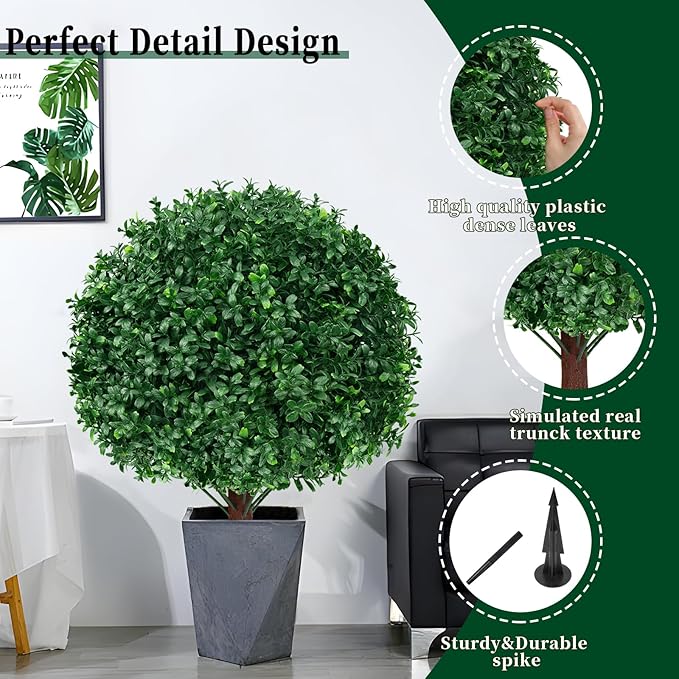 2Pack Artificial Boxwood Topiary Ball Trees, 16'' UV Resistant Fake Evergreen Shrubs Bushes Plants with Ground Spike, Fake Plants for Outdoor Indoor Front Porch Garden