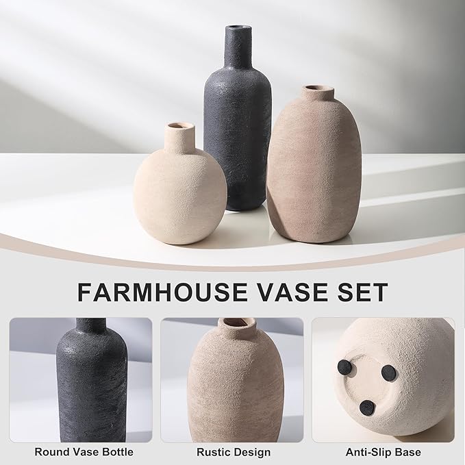 Ceramic Vase Set, Rustic Distressed Large Flower Vases in Pottery Decor, Modern Boho Farmhouse Decor for Pampa Grass, Dried & Fresh Flowers, Decorative Vase for Living Room, Kitchen, Entryway, Black