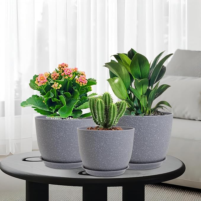 WSMKSZ 12/10/9 inch Large Plant Pots, 3 Pack Modern Decorative Plastic Planters with Drainage Holes and Saucer for House Garden Plants, Flower Pots for Indoor Outdoor Plants, Speckled Grey