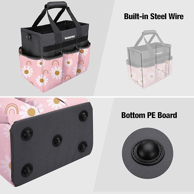 WORKPRO Garden Tool Bag Organizer, Heavy Duty Gardening Tote Bag, 10 Pockets with Adjustable Shoulder Strap, Standable Garden Home Tool Kits Organizer, Floral Pink (Tools are not Included)-Pink Ribbon