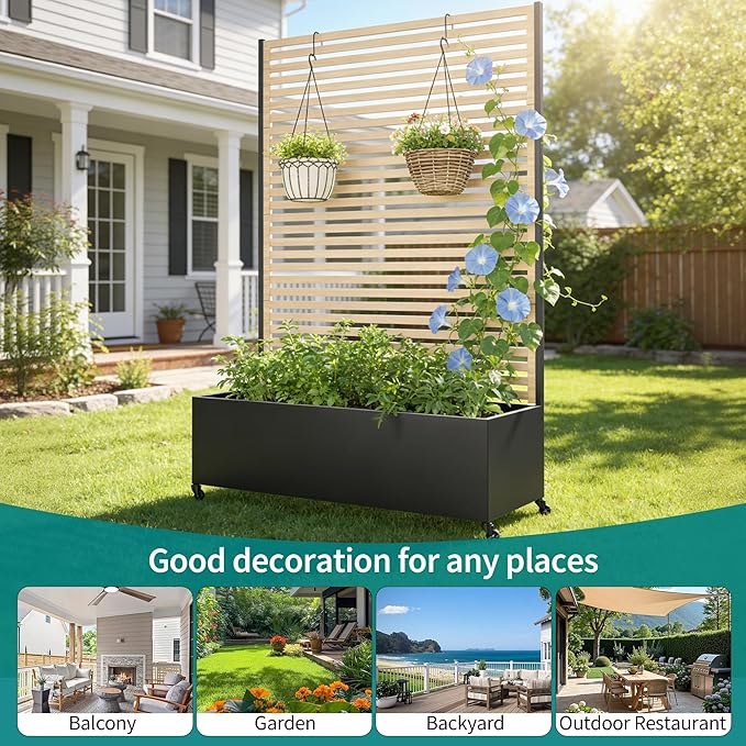 Metal Planter Box with Trellis Privacy Screen, Raised Garden Bed with Trellis & Wheels, Privacy Planters for Patio, Planter Box with Drainage Holes for Climbing Plants, Flower, 73"x 47"x 16", Wood