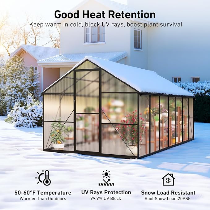 8x14FT Walk-in Greenhouse with Hygrometer,Polycarbonate Green House with UV Protection, Heavy Duty Greenhouse with Windproof Aluminum Frame, Roof Vent & Quick-Install Design