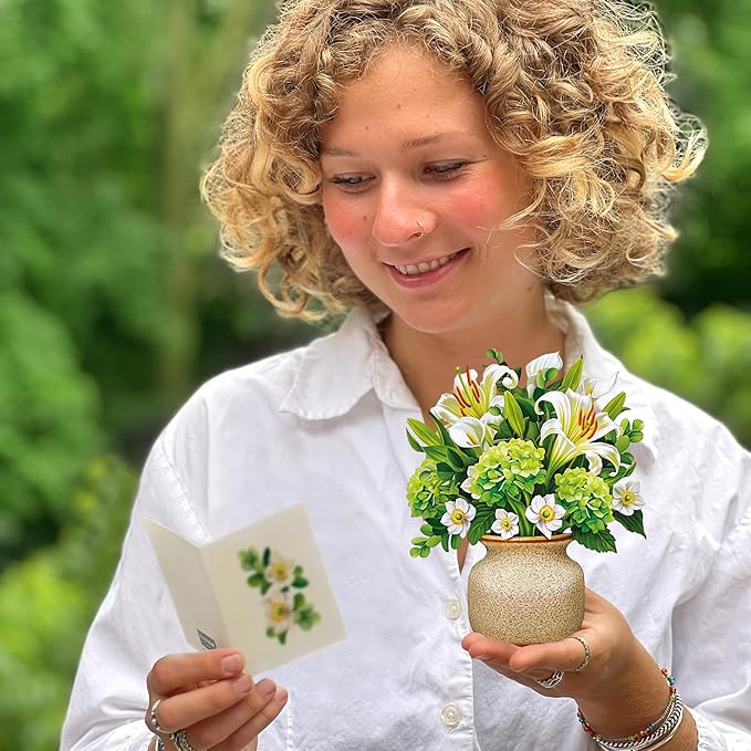 Freshcut Paper Pop Up Cards, Mini Ivory & Sage, 6 Inch Mini Sized Forever Flower Bouquet 3D Popup Greeting Cards, Birthday Cards, Get Well Gifts, Blank Notecard & Envelope