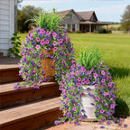 Artificial Hanging Flowers for Outdoors with Wheat Grass, 5 Pcs Fake Hanging Plants for Spring Decor, UV Resistant Faux Silk Flower Greenry for Planter Porch Patio Yard Garden(Double Purple)
