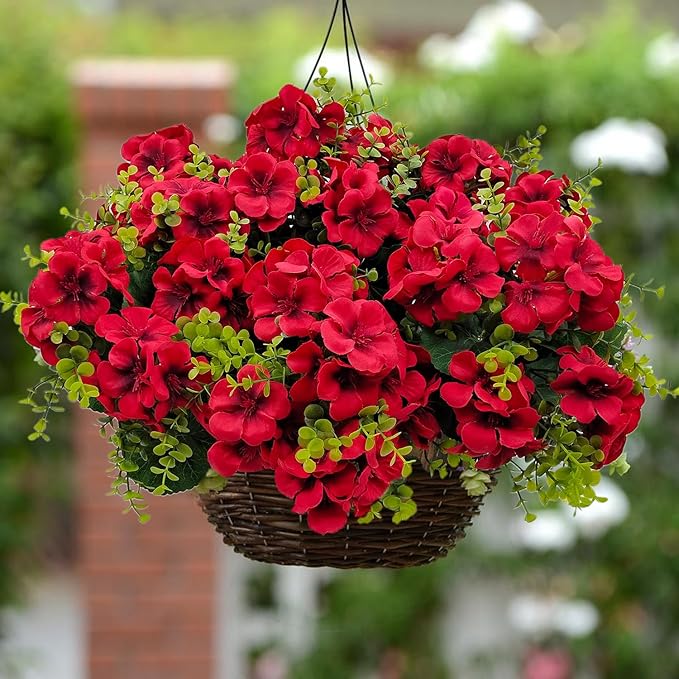 Artificial Geranium Flowers for Outdoor Decoration, 6 Bundles UV Resistant Silk Geranium Fake Plants Faux Flowers for Front Porch Garden Patio Window Box Outside Indoor Decor (Red)