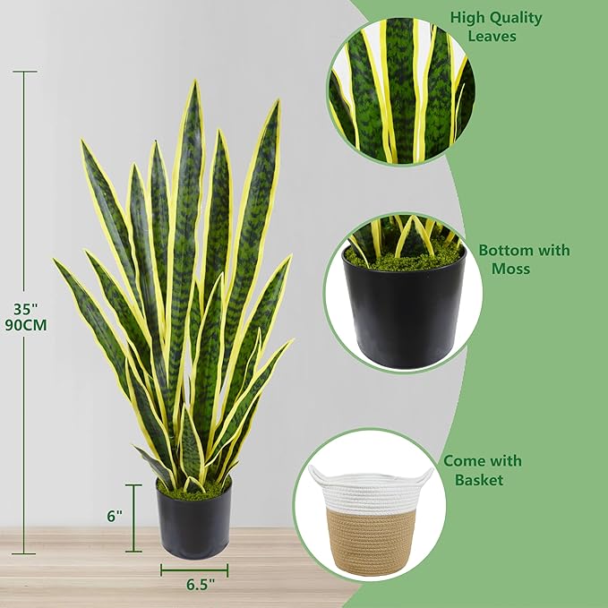 Warmplants Artificial Snake Plant, 3ft Fake Sansevieria with Basket, 35" Fake Mother in Law Plants, Perfect Faux Potted Plant Greenery for Indoor Home Office Store Lifelike Decoration (Yellow)