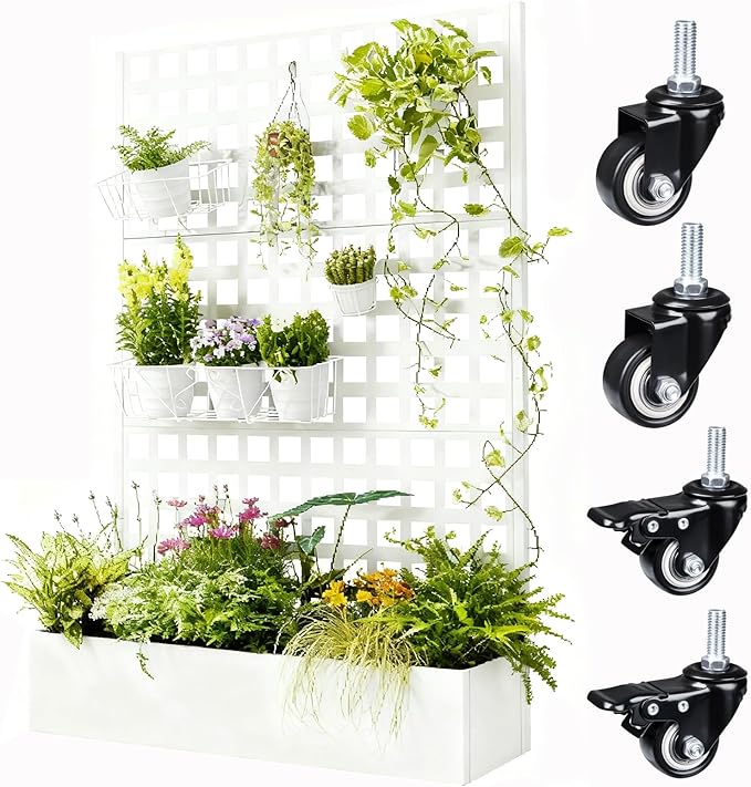 Metal Planter Box with Trellis, 71"x47"x16" Raised Garden Bed Outdoor with Privacy Screen & Lattice Trellis & Lockable Casters, Vertical Garden Box with Drainage Hole for Climbing Plants, Vegetable