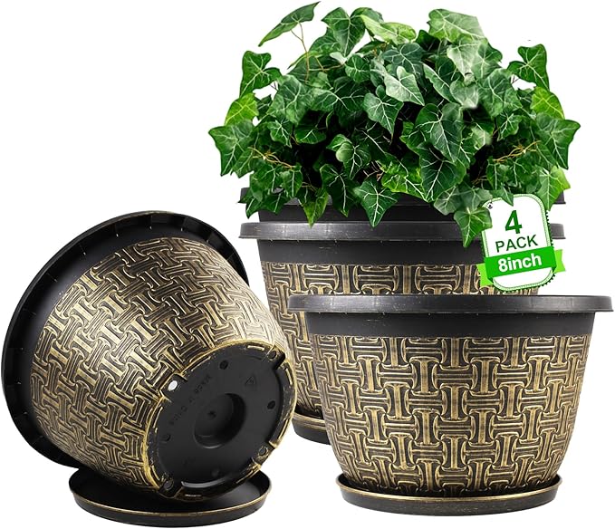 Nooulap 8 Inch Plant Pots, 4 Pack Flower Pot Outdoor with Drainage Holes & Trays, Retro Antique Imitation Decorative Garden Plastic Planters Pots for Plants Indoor Sets for Houseplants