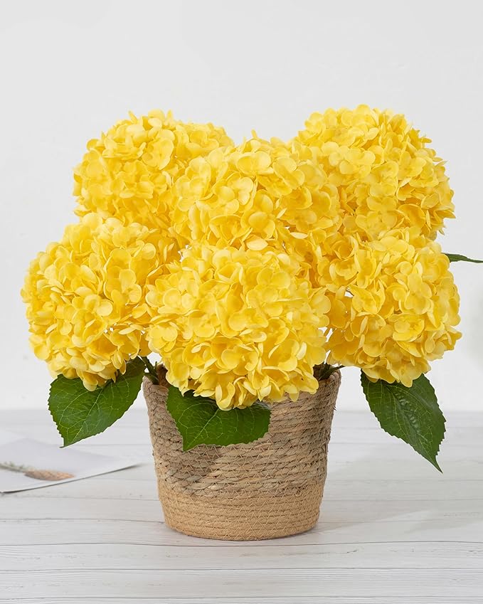 DuHouse 3Pcs Hydrangea Artificial Flowers,Latex Real Touch Hydrangeas with Long Stems & Leaves for Home Decor Party Floral Arrangements Wedding Bouquets Centerpieces(Yellow)