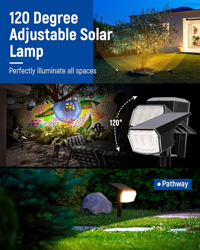 AUDERWIN Solar spotlights Outdoor 63 LED 3 Lighting Modes, IP65 Waterproof Lighten Yard Garden House Garage Pathway for Christmas Decorations-4 Pack