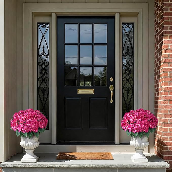 FOTEEWL 8 Bundles Artificial Hydrangea Flowers for Outdoor Decor, Realistic Faux Silk Bouquets Sun-Resistant Fake Plants for Front Door Balcony Farmhouse Garden Home Spring Summer Decor (Rose Red)