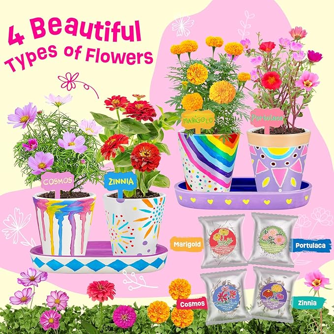 4 Set Paint & Plant Flower Gardening Kit - Gifts for Girls Ages 8-12, Arts and Crafts for Kids Ages 8-12, Kids Gardening Set, Toys Birthday Easter Gifts for Kids Girls Boys Ages 6 7 8 9 10 11 12