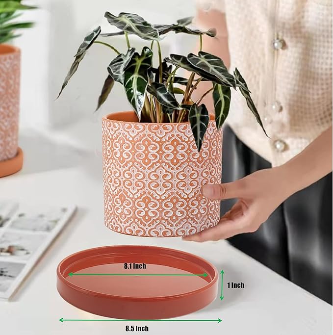 Yukfona 2 Pack Ceramic Plant Saucer Pot Tray 8.5 Inch, Planter Saucers 6 7 8 9 10 11 12 15 Inch, Durable Sturdy Flower Drainage drip Water Tray for Glazed Pots Base (8.5 Inch- Red Terracotta)